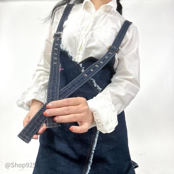 Denim Overalls Midi  Dress With Slit - Picture 4 of 6